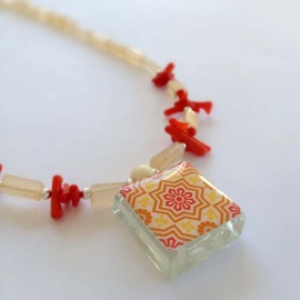 Spanish Tile With Red Coral and Rectangular, Cream Colored, Stone Beads
