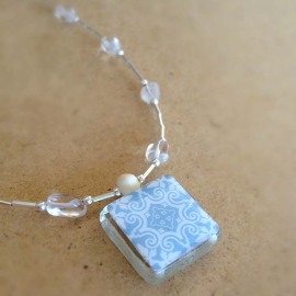 Spanish Tile Necklace in Pale Blue and White Wtih Clear Quartz and Silver